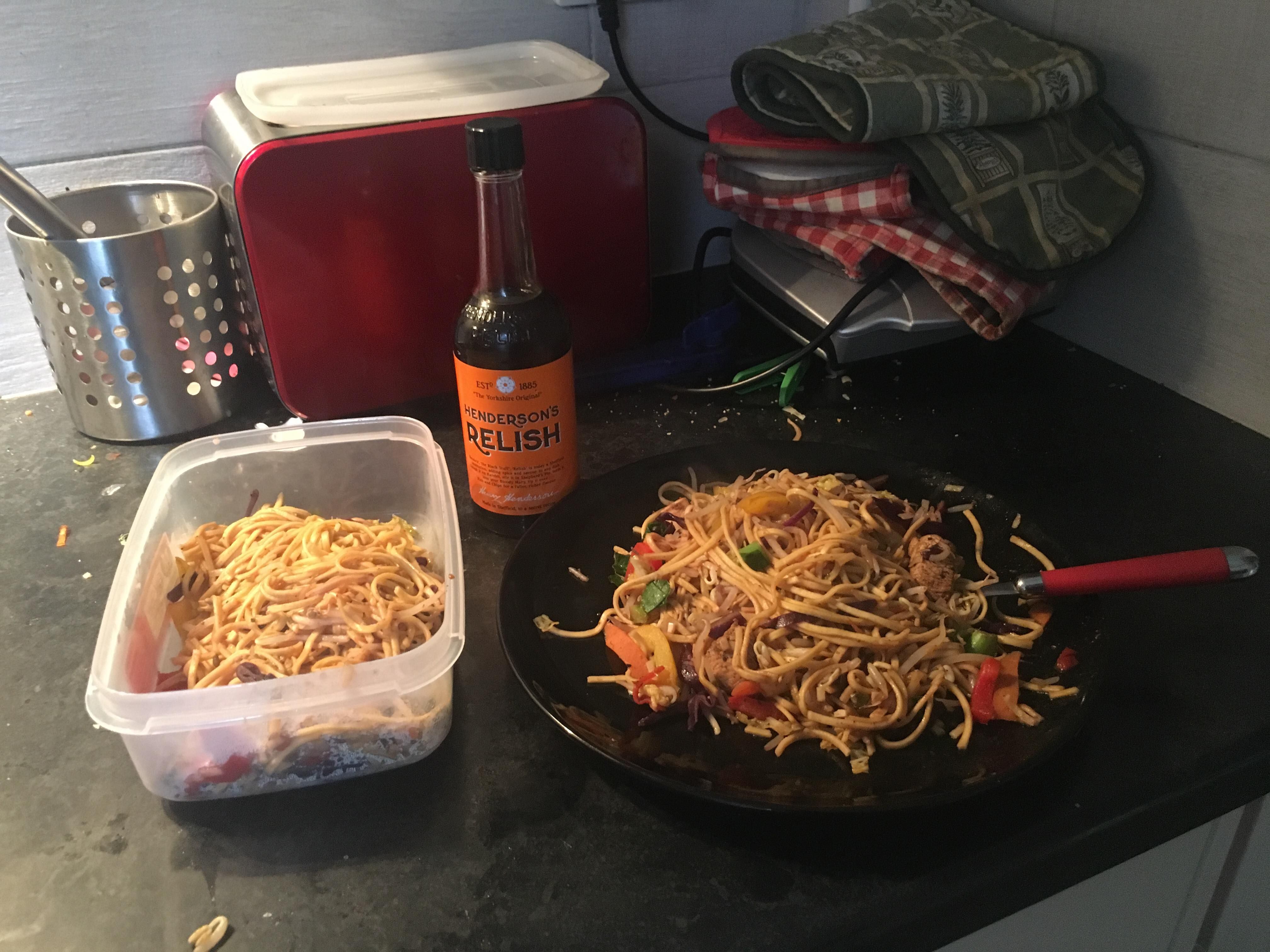 Image may contain: Bottle, Wok, Frying Pan, Spaghetti, Pasta, Food