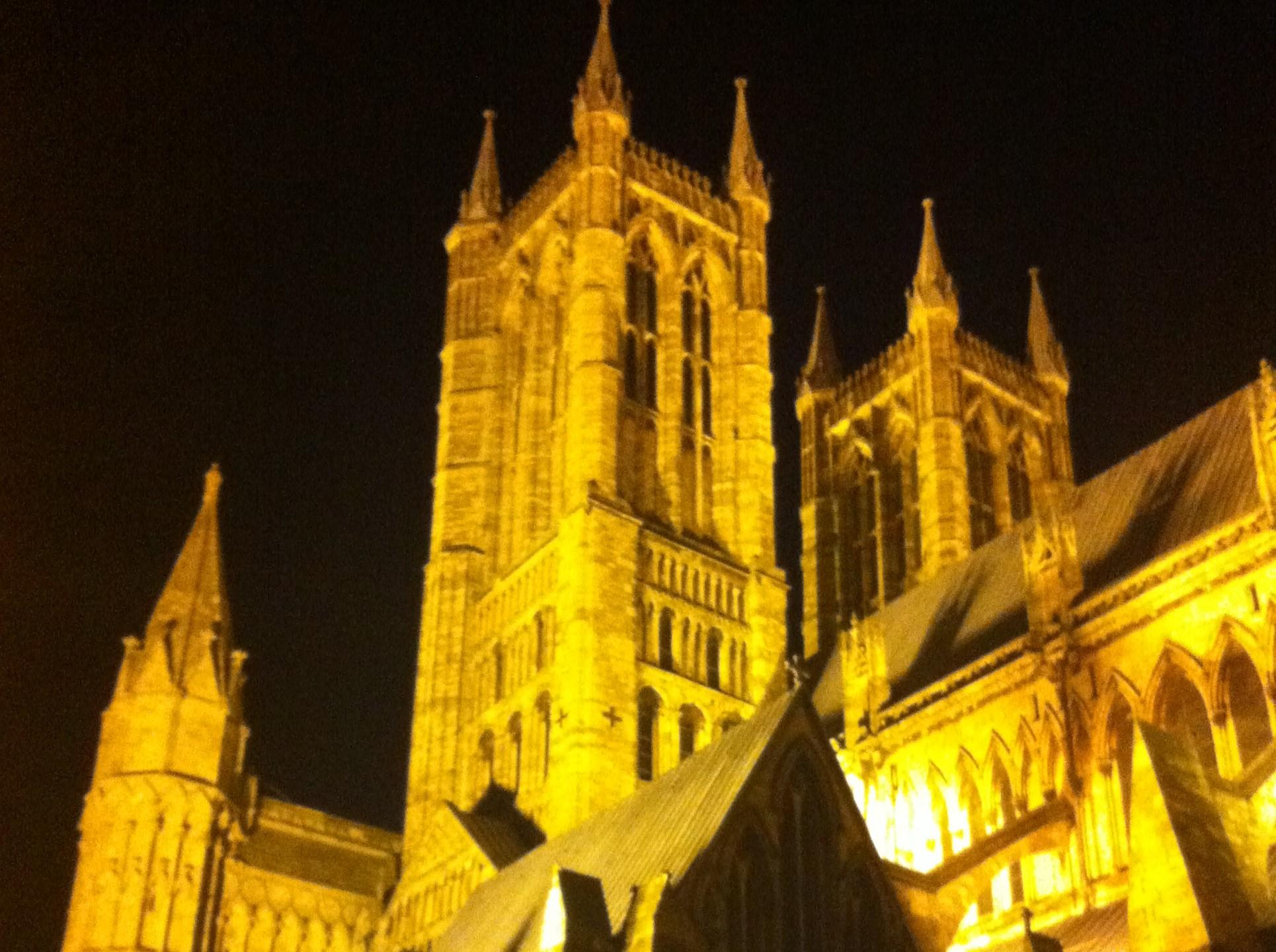 Lincoln's cathedral all lit up at night