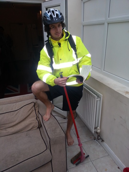 Mop, Check! Yellow reflective jacket, Check! Helmet, Check! Notepad, Check! Shorts (because we ran out of ideas), Check!