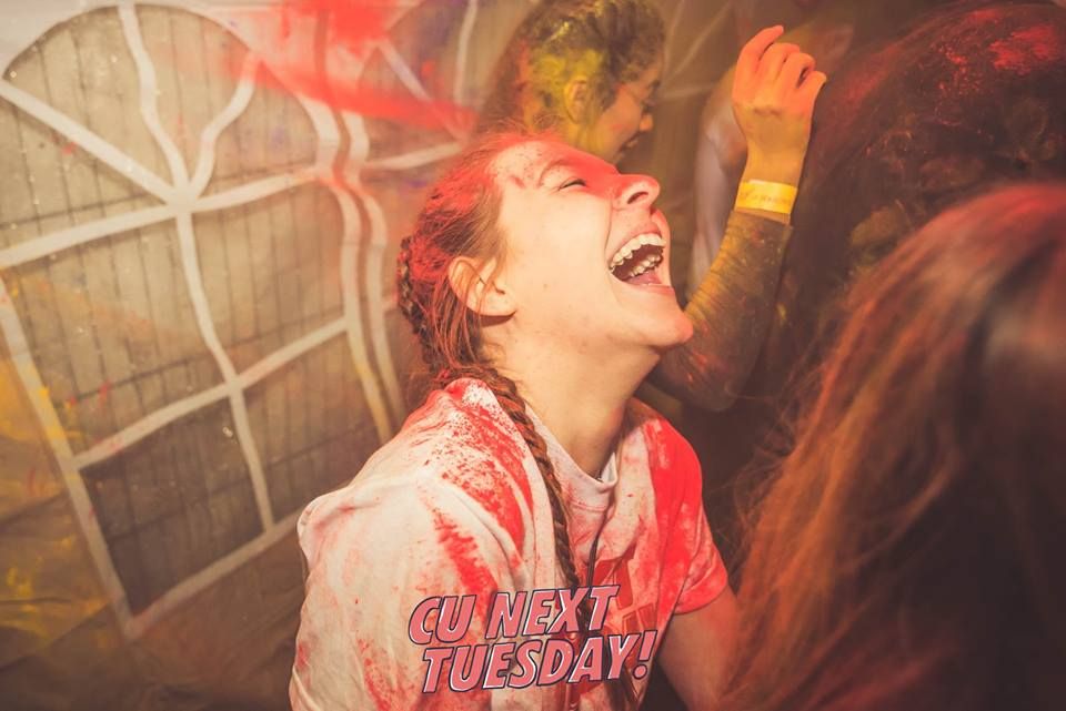 Image may contain: Leisure Activities, Art, Painting, Girl, Laughing, Lighting, Female, Night Club, Party, Club, Face, Human, Person
