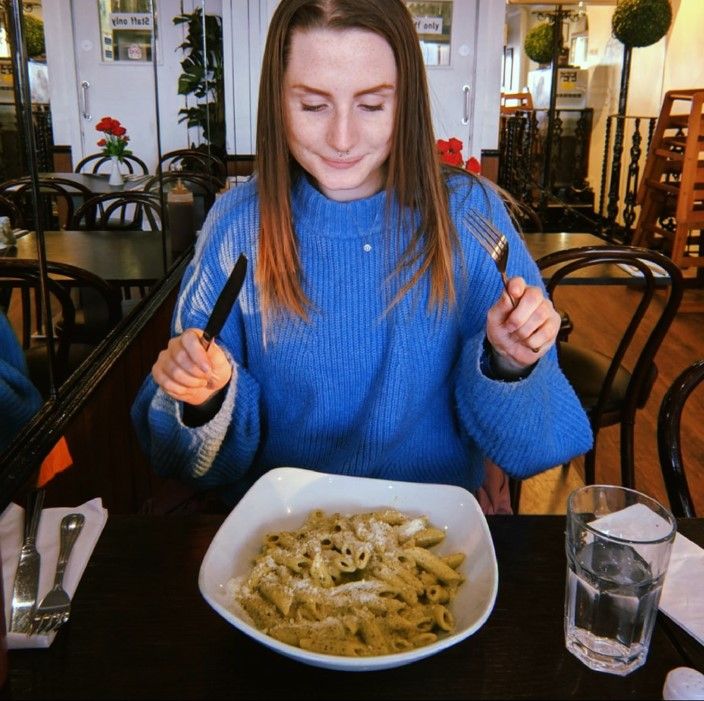 Image may contain: Cutlery, Noodle, Dining Table, Meal, Pasta, Table, Food Court, Food, Furniture, Chair, Restaurant, Person, Human