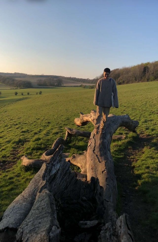 Image may contain: Rock, Scenery, Countryside, Coat, Landscape, Wood, Grassland, Field, Nature, Outdoors, Plant, Grass, Clothing, Apparel, Human, Person