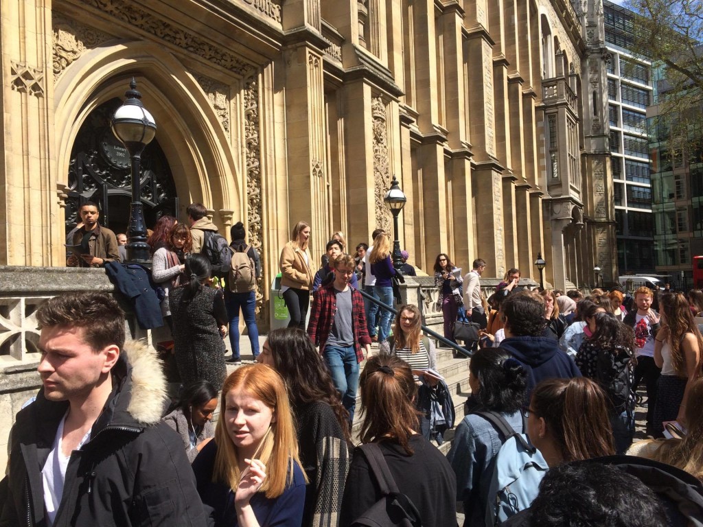 Hundreds of students spilled out of the building.