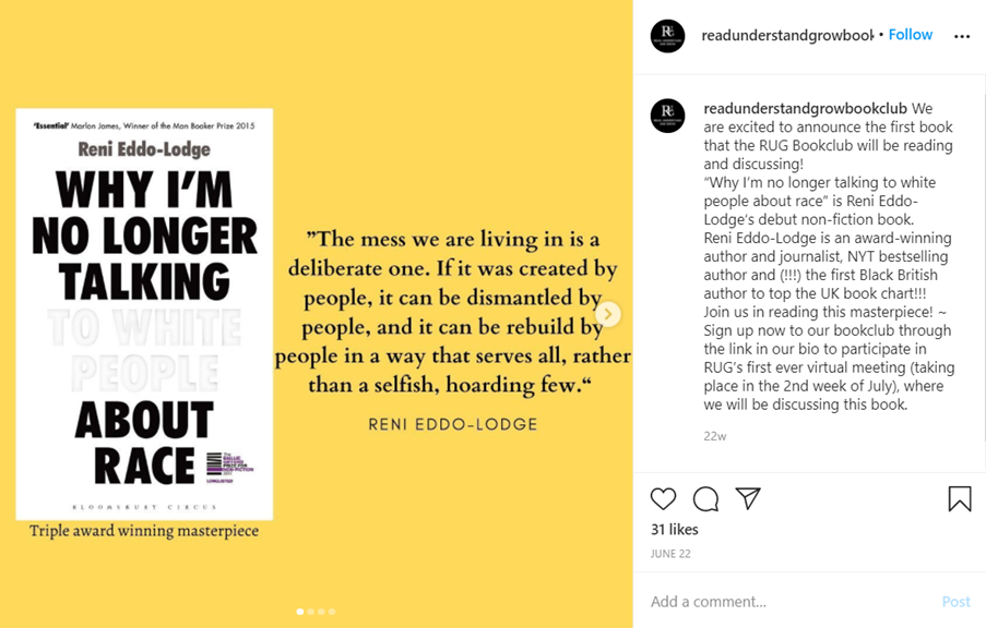Read Undertand Grow book club discussing a book about racial justice