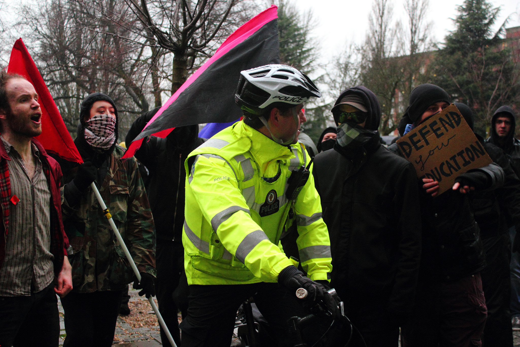 Protestors surround a lone policeman before other officers arrived - Charlotte Wilson