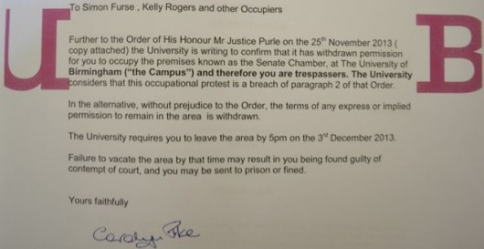 The letter from the University of Birmingham demanding the students comply with the injunction.