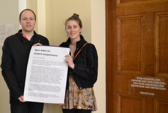 Hattie Craig (VP Education) and Dr David Bailey (UCU President) with the letter of Petition outside the office of David Eastwood.