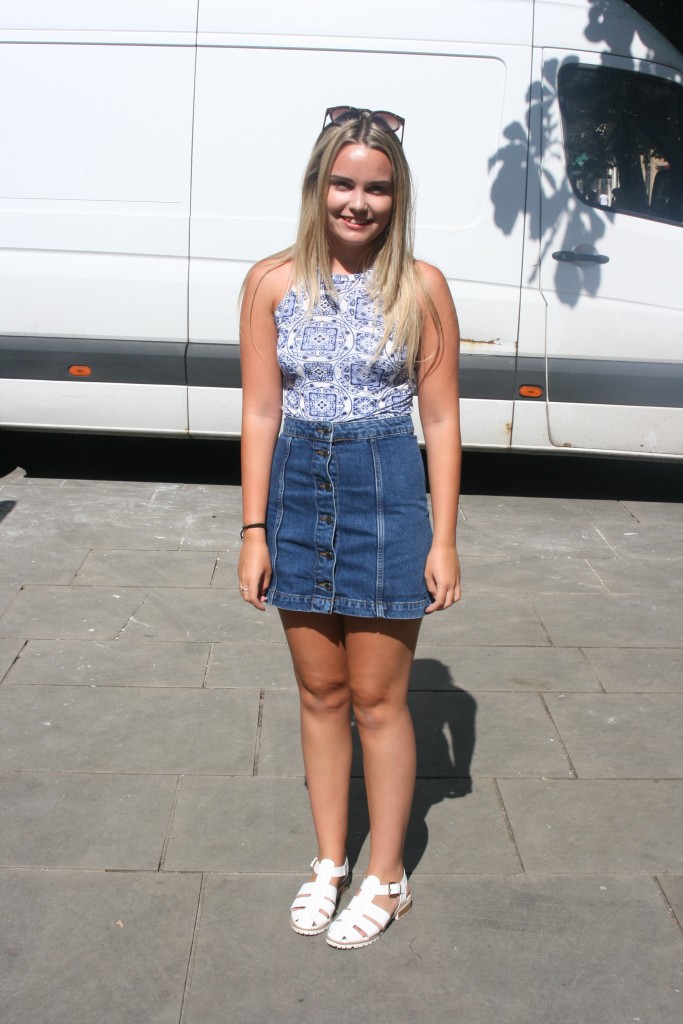 The denin skirt is so popular right now, paired perfectly with a cute patterned top. Skirt - Topshop
