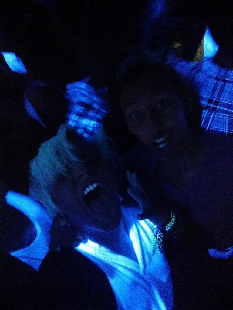 Both my hair and the panda suit seem to glow under UV light
