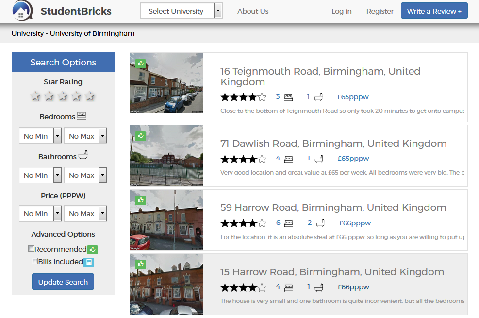 The site allows you to narrow down your search for houses