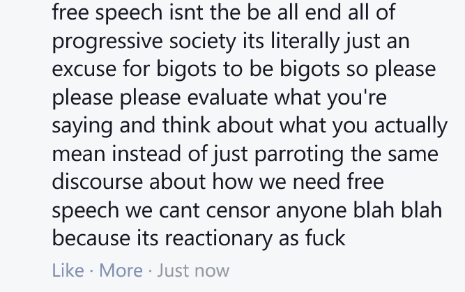 Free speech= just an excuse for bigotry. Mmm ok...