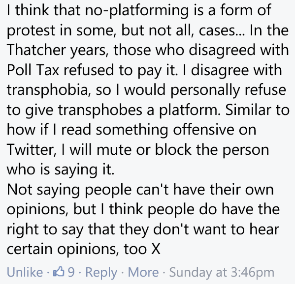 And its fine to no-platform on an individual basis- not to do it on an institutional level
