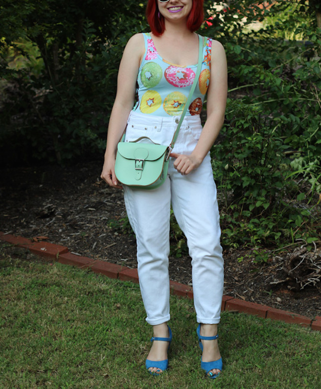 Pastel_Donut_Print_Bodysuit,_White_Jeans,_a_Mint_Green_Satchel_and_Blue_Wedges