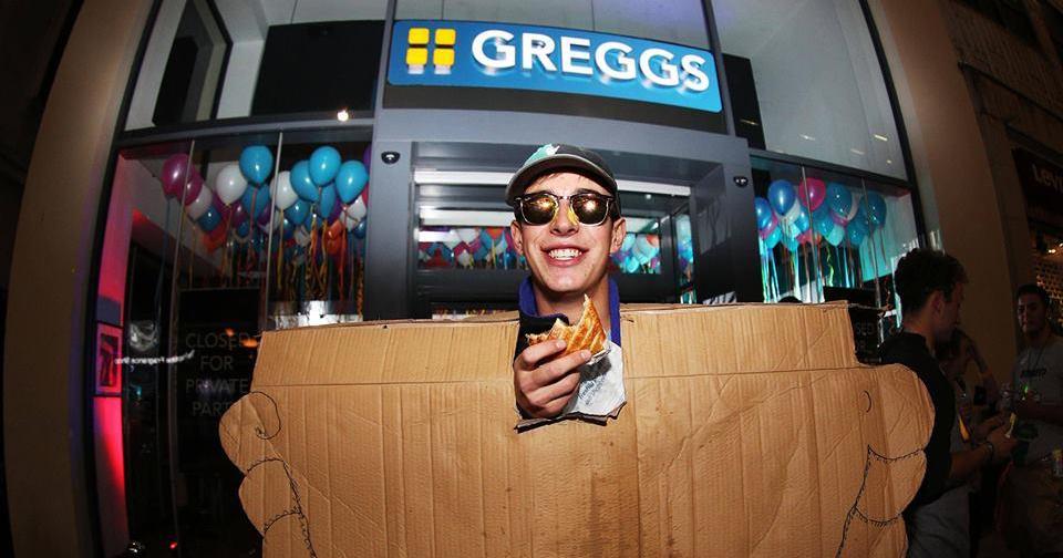 Introducing the no. 1 Greggs fan who brought a cardboard pasty with him…