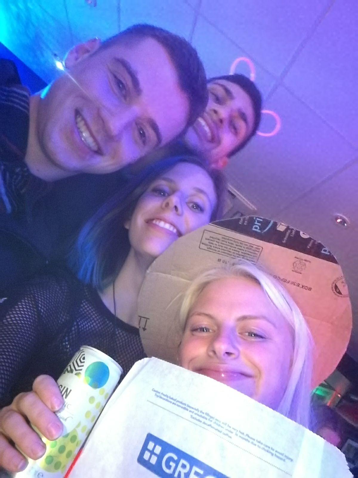 Nikki and her mates on their very own Greggs night, so jammy 