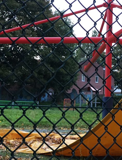 Image may contain: Railing, Gate, Tree, Plant, Outdoors, Play Area, Playground, Fence