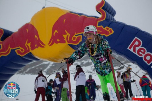 Freestyke captain Eddie Jones at the slalom starting gate showing us some impressive retro gear.