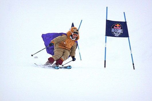 Shredder The Wild Animal, Brookes Snow's team mascot, roaring down the slalom.