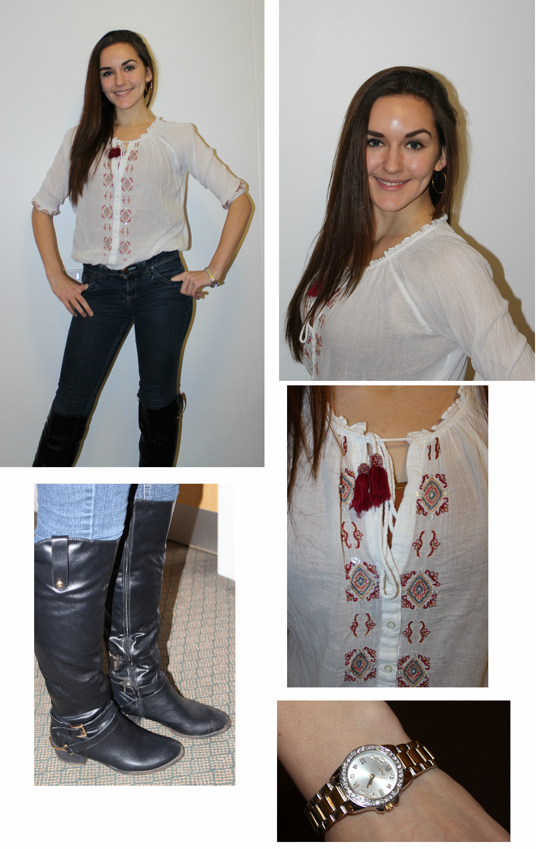 Top- River Island / Jeans- Asos / Riding Look Boots / Watch- Next / Gold Hoop Earrings