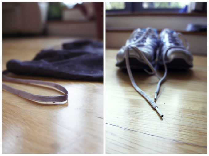 We like using shoelaces or those annoying hanger-ribbons as string