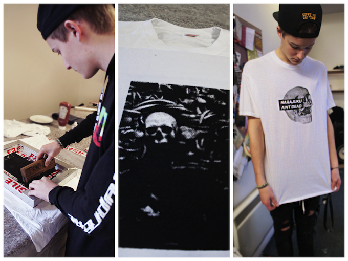 Left & centre: Joe screenprints a new design for The Tab Right: Joe models his first design