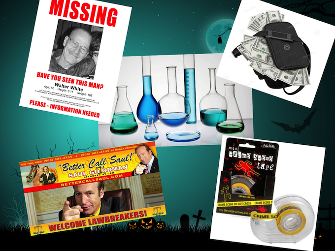 Place lab equipment around the house. Fill them with different liquids or candles. Use them to serve drinks in. Try: Stuff wads of fake money into any air vents or black sports bags Throw a few Better Call Saul business cards around. Put up some Missing Posters for Walter White Stick Crime Scene Tape up