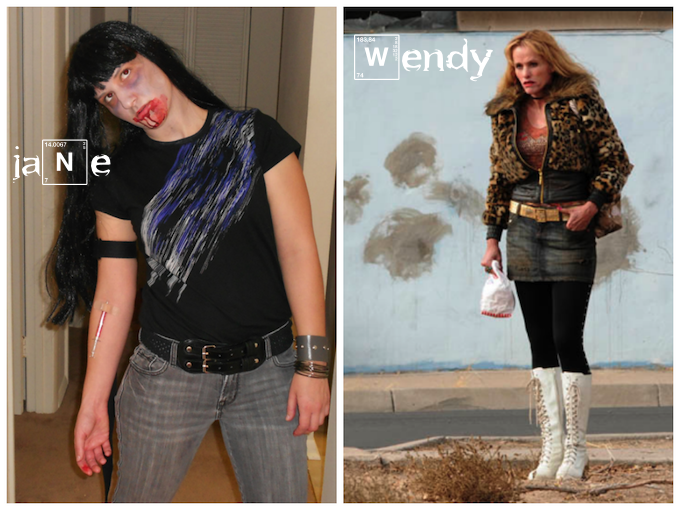 Zombie Jane post-overdose: dress in black, zombie makeup, fake vomit and needle. Wendy: don't forget your bag of ricin burgers.