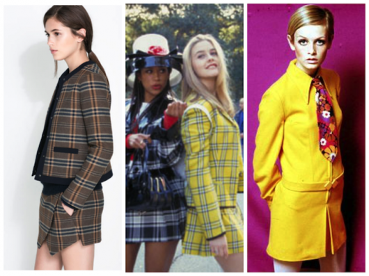 L-R: Zara combined checked suit. Skort: £29.99 Blazer: £49.99 90s film, Clueless Twiggy in the 60s