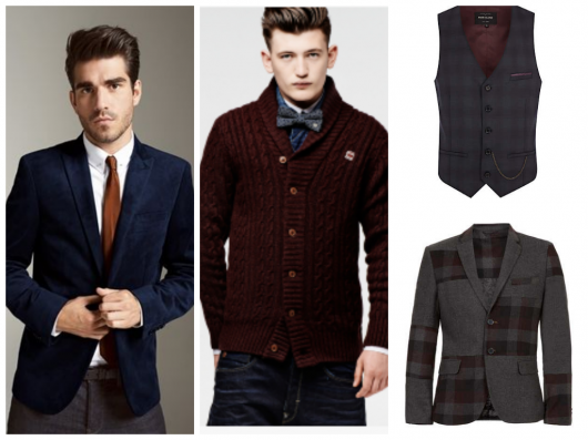 L-R: Next - Navy Spot Velvet Jacket: £80 G-Star Raw - Nimrod Shawl Cardigan Knit - £110 River Island - Navy Check Chain Pocket Waistcoat: £35 Topman - Vito Elliot Check Blazer: £170