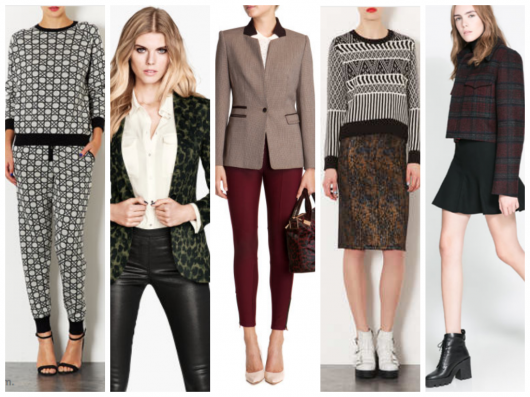 L-R: Topshop - Knitted Merino Tile Suit, Jumper: £50, Joggers: £65. H&M - Jersey Blazer: £12.49 Ted Baker - Eriu High Collard Blazer: £209, Ceeke Constrast Trim Leggings: £99 Topshop - Knitted Monochrome Jumper: £42, Foil Print Tube Skirt: £28 Zara - Studio Checked Jacket: £129