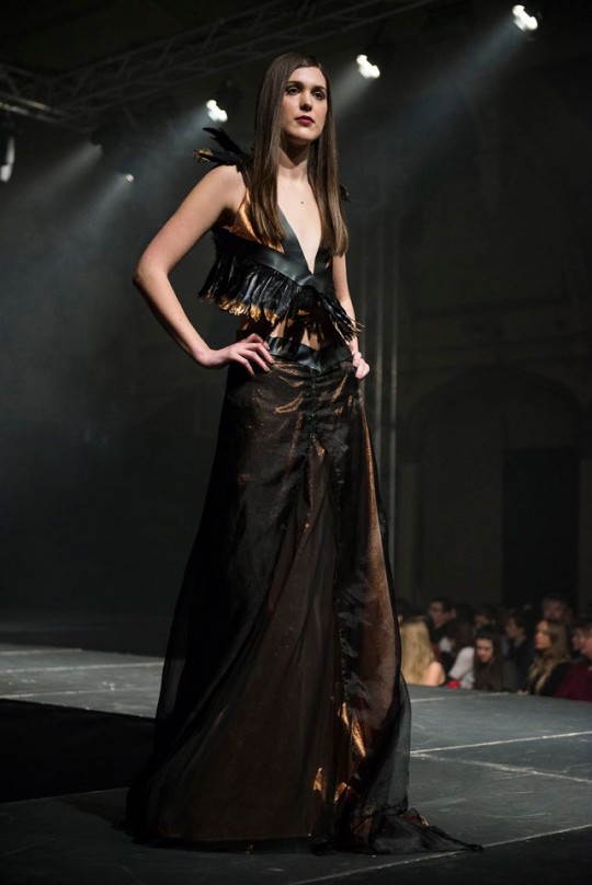 Sheer fabrics in muted, earthy tones were toughened up with leather detailing and bronze-tipped feathers. Photo: Ruby Walker
