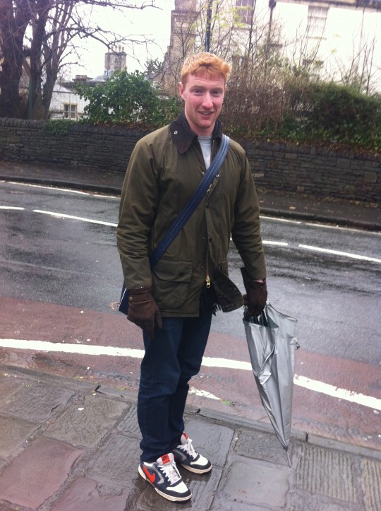 Jeremy’s umbrella may have failed him, but a classic waxed Barbour jacket comes to his rescue.