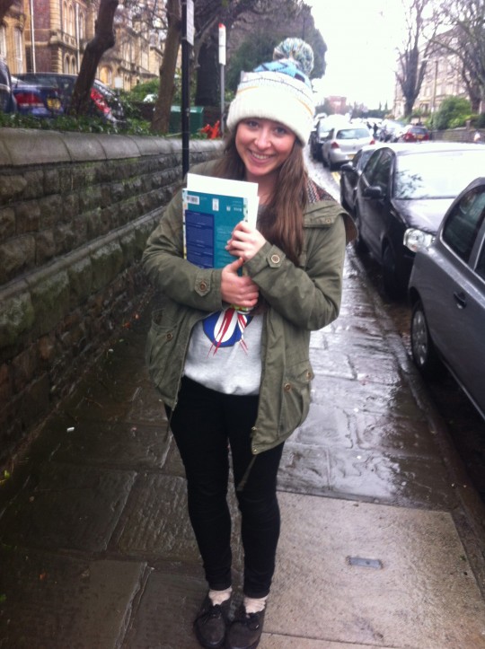 Bea stays cosy and cute in her blue and white printed version.