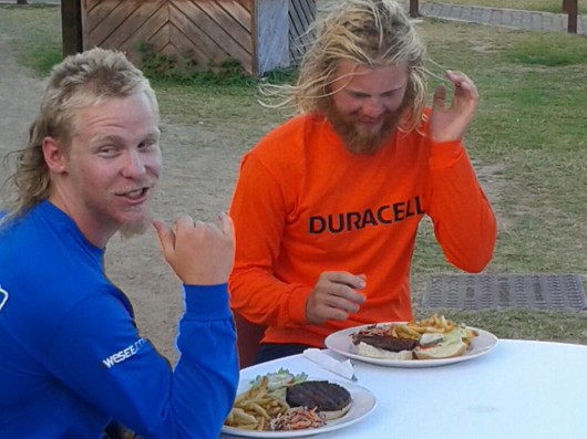 The boys grab a burger after eating dehydrated sachets of food for over 50 days!