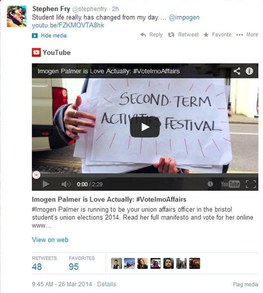 Stephen Fry tweets support of Imo Palmer's campaign vid