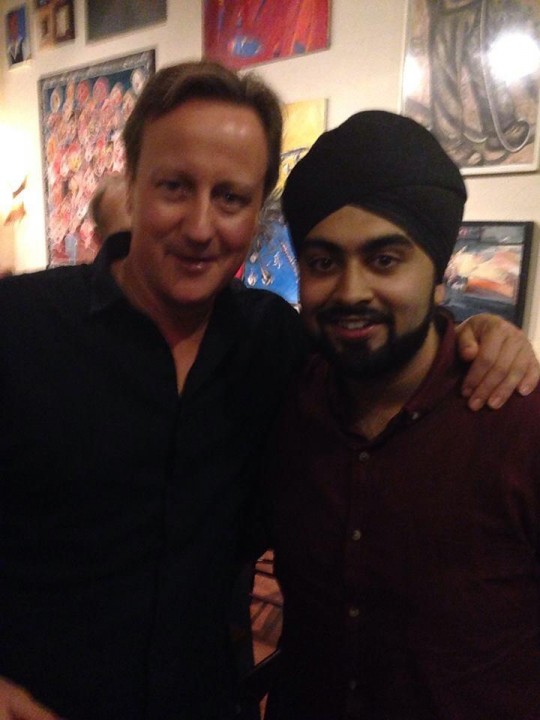 Sikh-ing voters: Birthday boy Navdeep Bhamra poses with Dave
