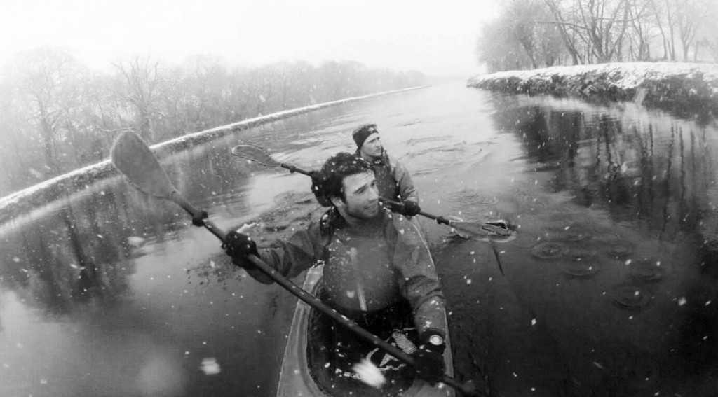 James (front) and Ted braving the elements 