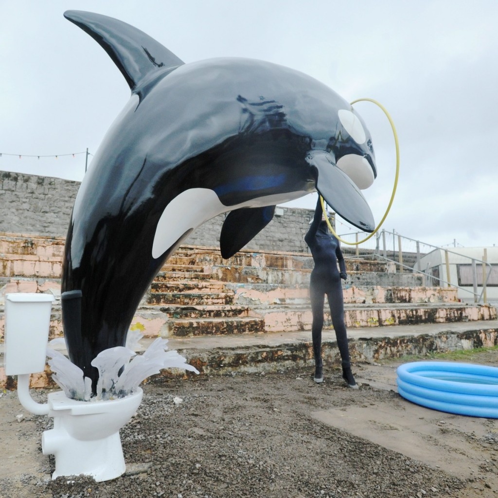 Some of the weird and wonderful artworks on display at Banksy's 'Dismaland', August 20 2015. See SWNS story SWBANKSY; Banksy has confirmed he is opening the doors at a new pop-up exhibition - created at an old swimming centre he regularly used as a child. The graffiti artist's latest show, called 'Dismaland', is a sinister twist on  was revealed yesterday (Thur) One of the featured artworks by Josh Keyes.One of the featured artworks by Josh Keyes. Banksy said: ÃI loved the Tropicana as a kid, so getting to throw these doors open again is a real honour. ÃI hope everyone from Weston will take the opportunity to once more stand in a puddle of murky water eating cold chips to the sound of crying children.Ã