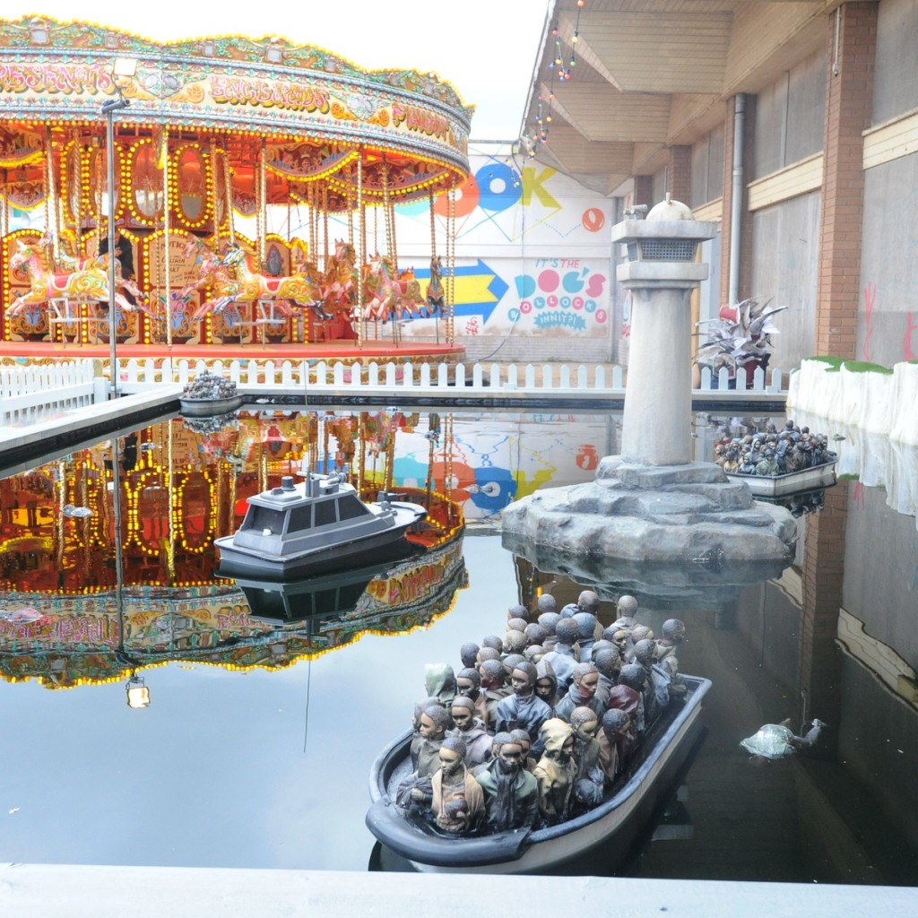 Some of the weird and wonderful artworks on display at Banksy's 'Dismaland', August 20 2015. See SWNS story SWBANKSY; Banksy has confirmed he is opening the doors at a new pop-up exhibition - created at an old swimming centre he regularly used as a child. The graffiti artist's latest show, called 'Dismaland', is a sinister twist on  was revealed yesterday (Thur) One of the featured artworks by Josh Keyes.One of the featured artworks by Josh Keyes. Banksy said: ÃI loved the Tropicana as a kid, so getting to throw these doors open again is a real honour. ÃI hope everyone from Weston will take the opportunity to once more stand in a puddle of murky water eating cold chips to the sound of crying children.Ã