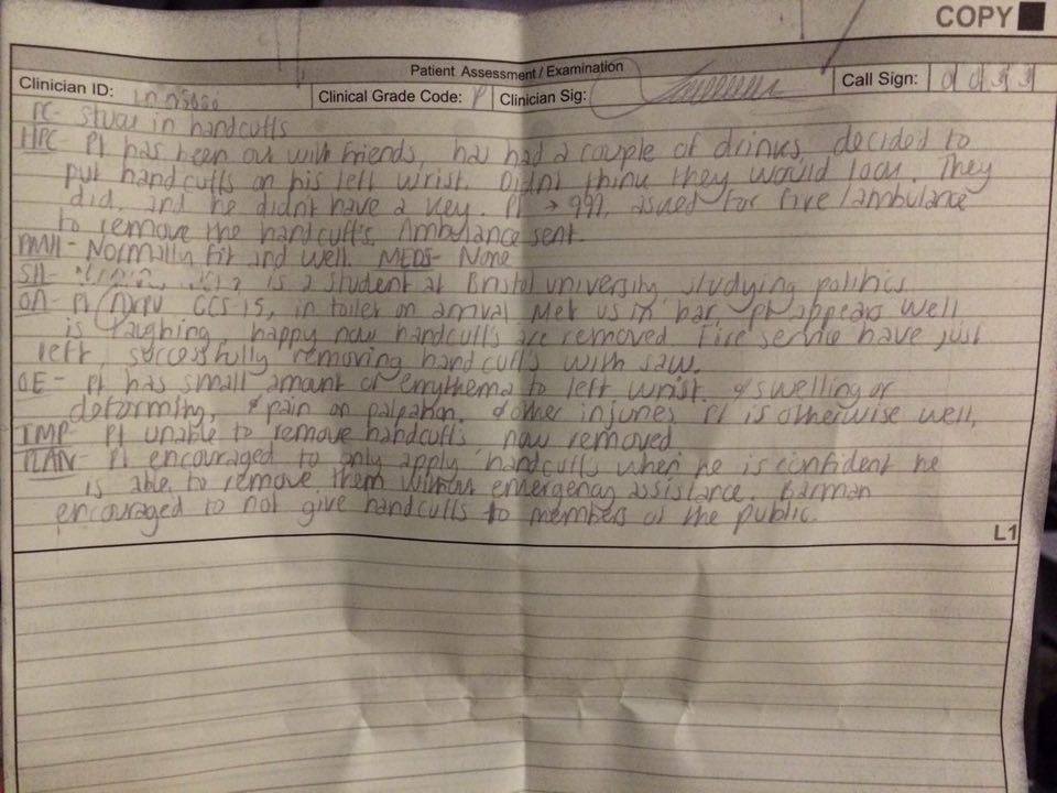 The paramedic's notes of the incident