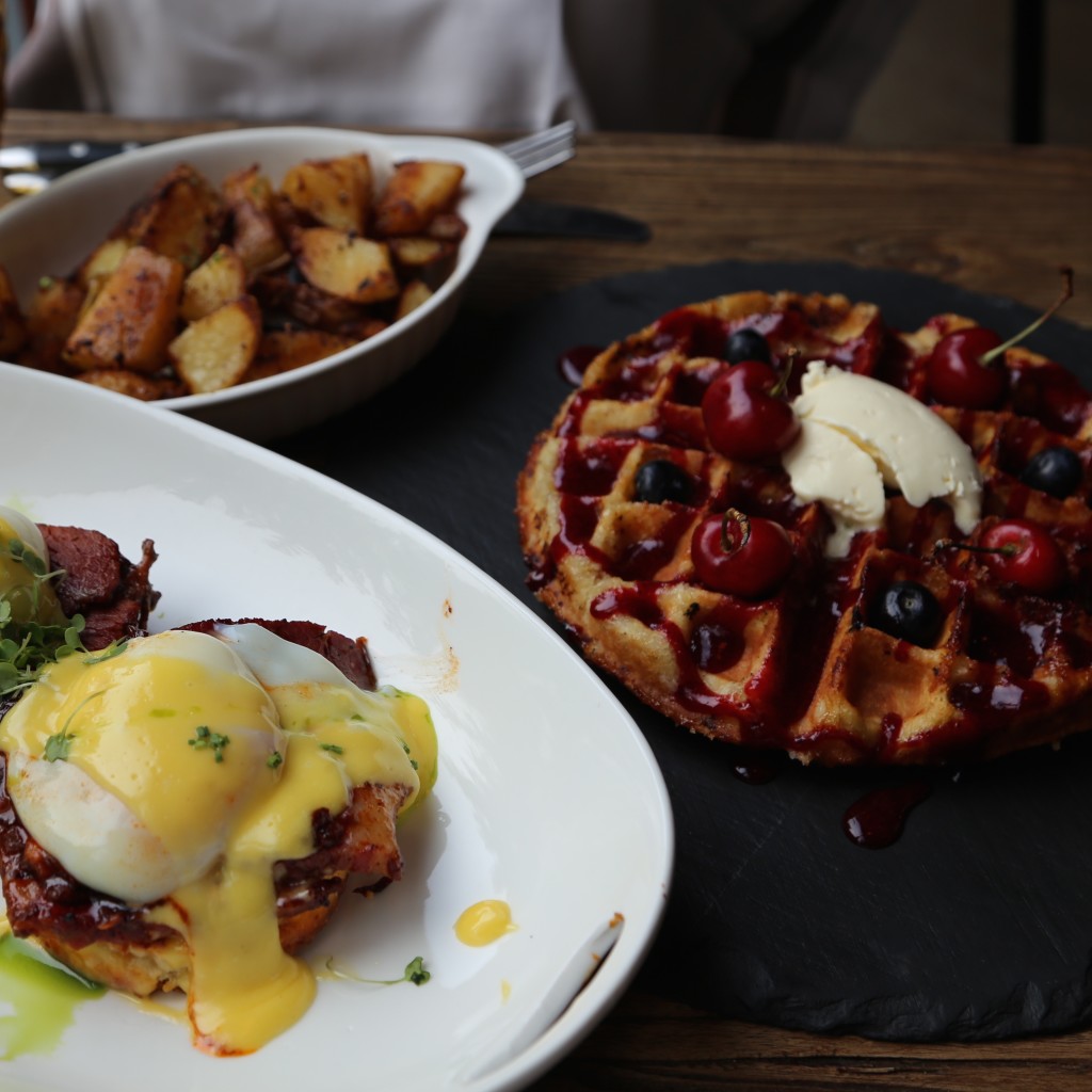 Amazing waffles, eggs benedict, and roast potatoes in Liquid Laundry (yum!)