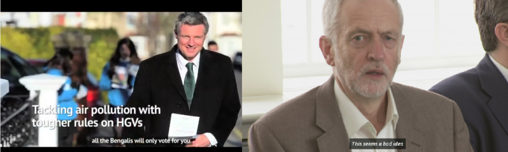 Left: Zac Goldsmith's pitch to Bengali Londoners, Right: Sky filming a Shadow Cabinet meeting