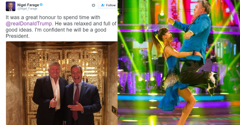 Right: Nigel Farage at Trump Tower, Left: Ed Balls on Strictly