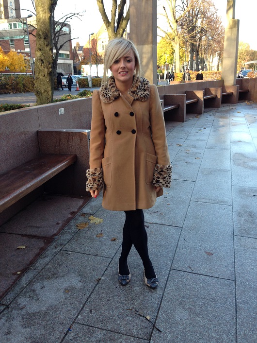 Grainne, who is currently studying Social work, is bang on trend in her Miss Selfridge camel coloured coat with faux fur trimming.