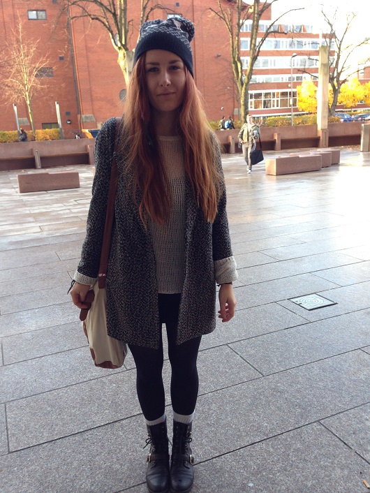 Law and Politics Student Sandra rocks the layered look in a Pull and Bear coat, New Look boots and a cute knitted beanie from Norway.