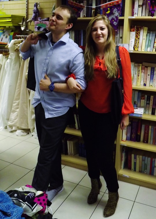Matt= Jacket £6, Trousers £4, Shirt £5, Emma= Shoes £5, Top £3.50, Bag £5