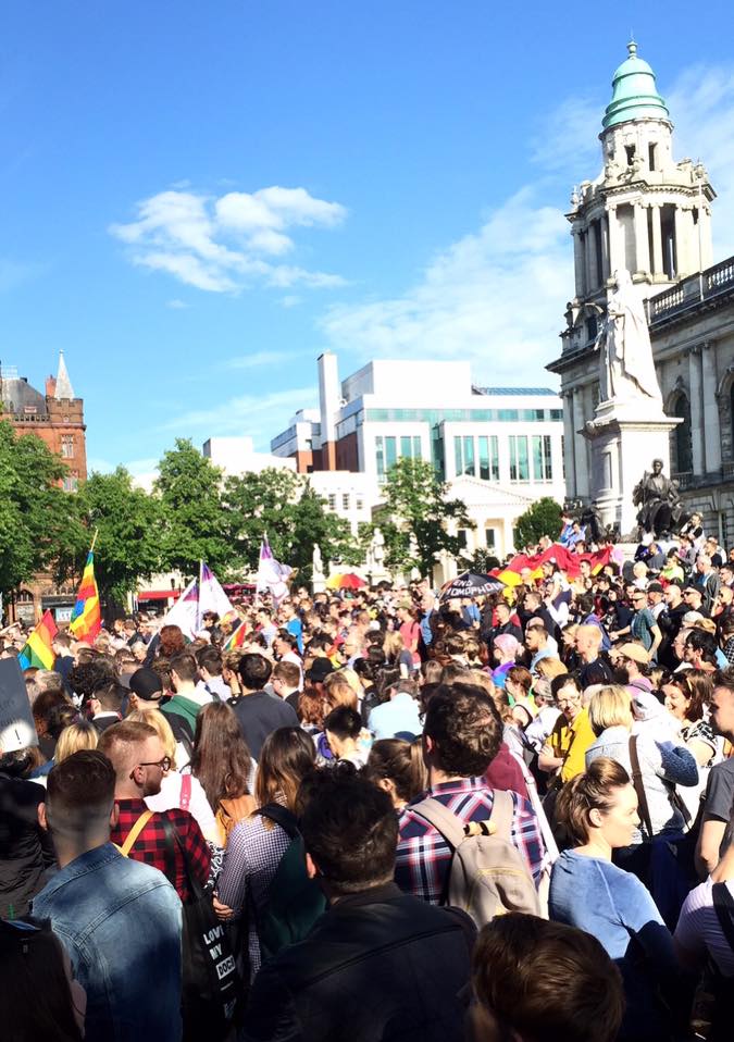 Huge crowds - both members and supporters of the LGBT community - gathered at Belfast city hall 