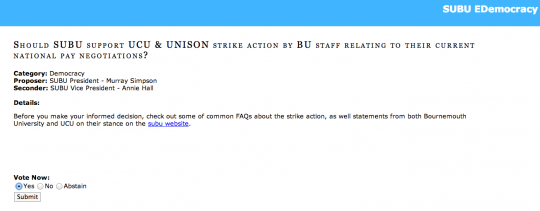 Screen shot of the all student vote - Strike Action at BU