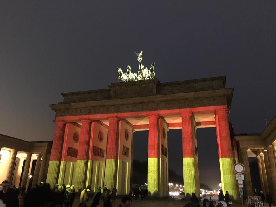 The Brandenburg Gate lit up in the colours of the German flag in honour of the Christmas market victims.