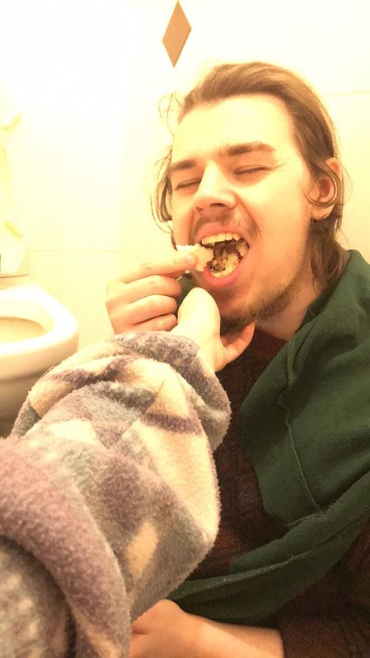 Image may contain: Teeth, Lip, Mouth, Towel, Eating, Food, Face, Person, Human